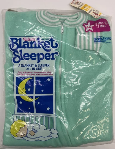 New Vintage K-MART INFANT Baby Blanket Sleeper Footie Pajamas 6-12mo Teal Green