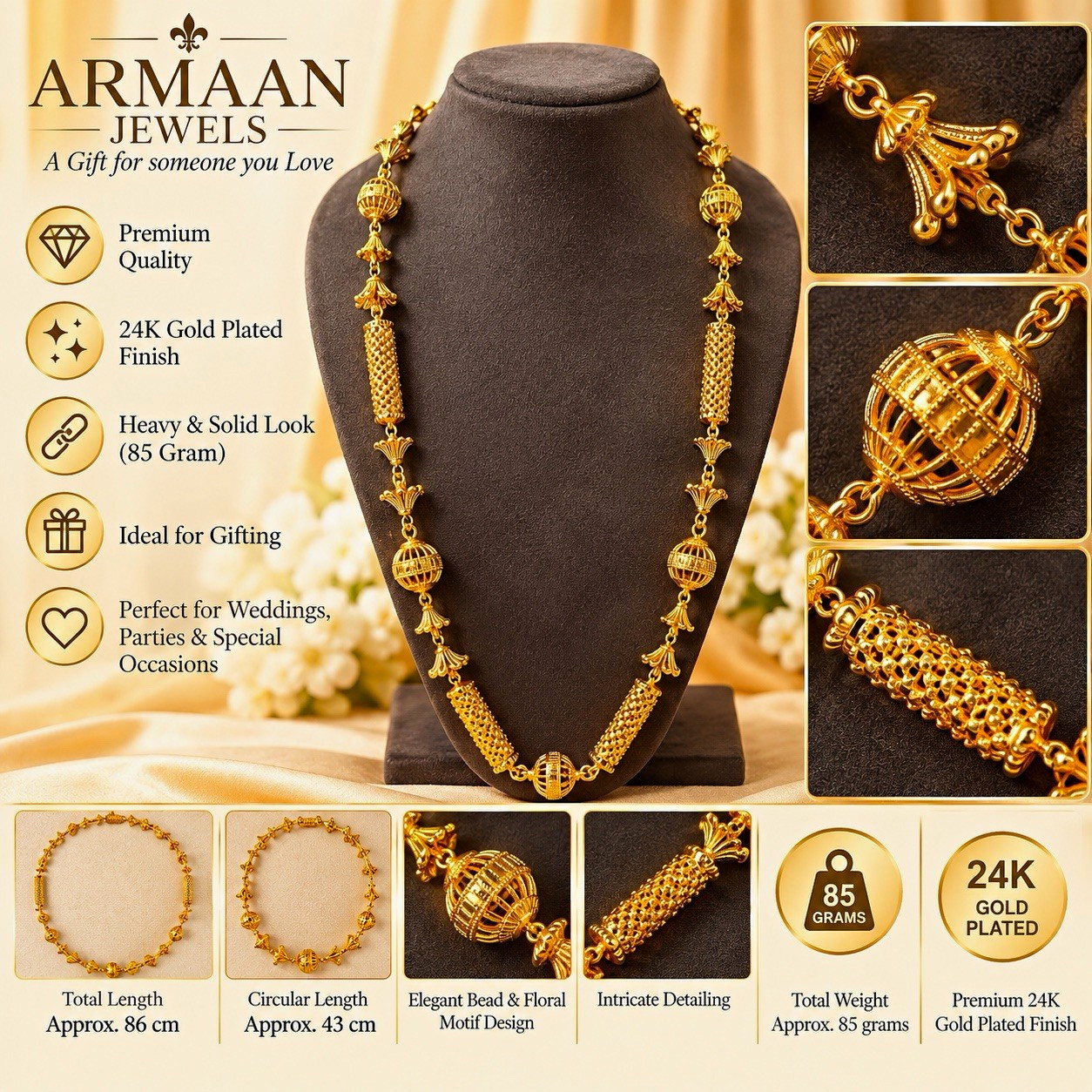 24K Gold Plated Premium Long Necklace Statement Chain Traditional Wedding Jewell