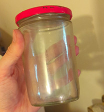 Ball Empress Clear Glass Jar w/ Red Metal Lid "Just Like Home Made" 8 oz