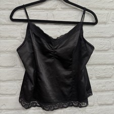 Vtg Y2K Black Lace Trim V Neck Cropped Tank Top Cami Coquette Sz M Babydoll Tank