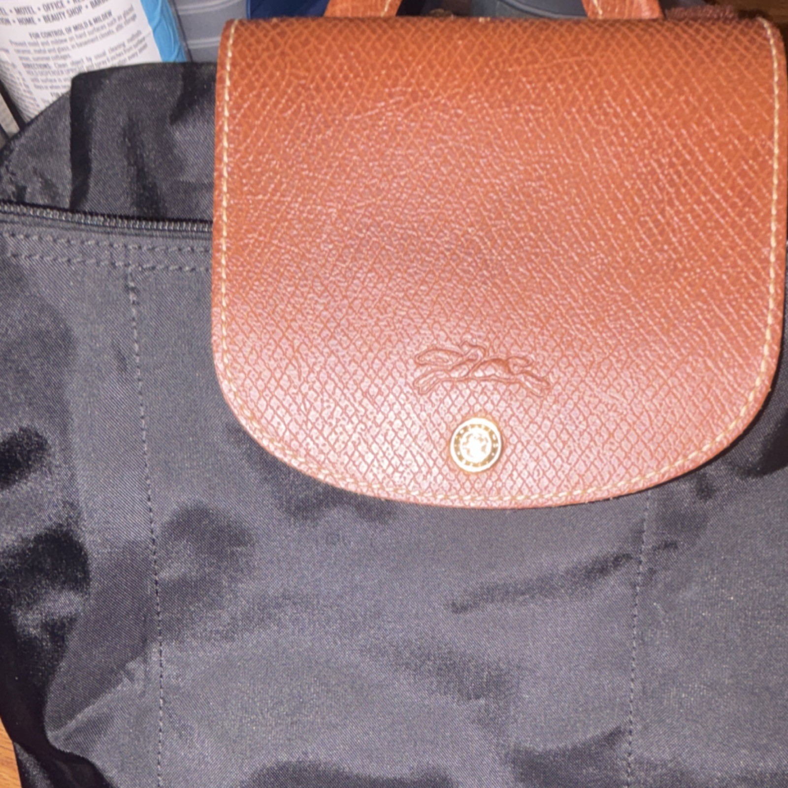 Longchamp Black Brown Handbag Logo Accent Gold Hardware Snap Zip Women