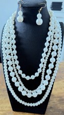 Faux Pearl Layered Necklace & Earrings Set Gold Tone Multi Strand Bridal UK