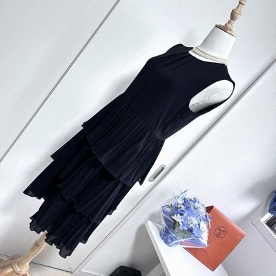 Max Mara STUDIO Black Triacetate Chiffon Tiered Ruffle Sleeveless Dress 38