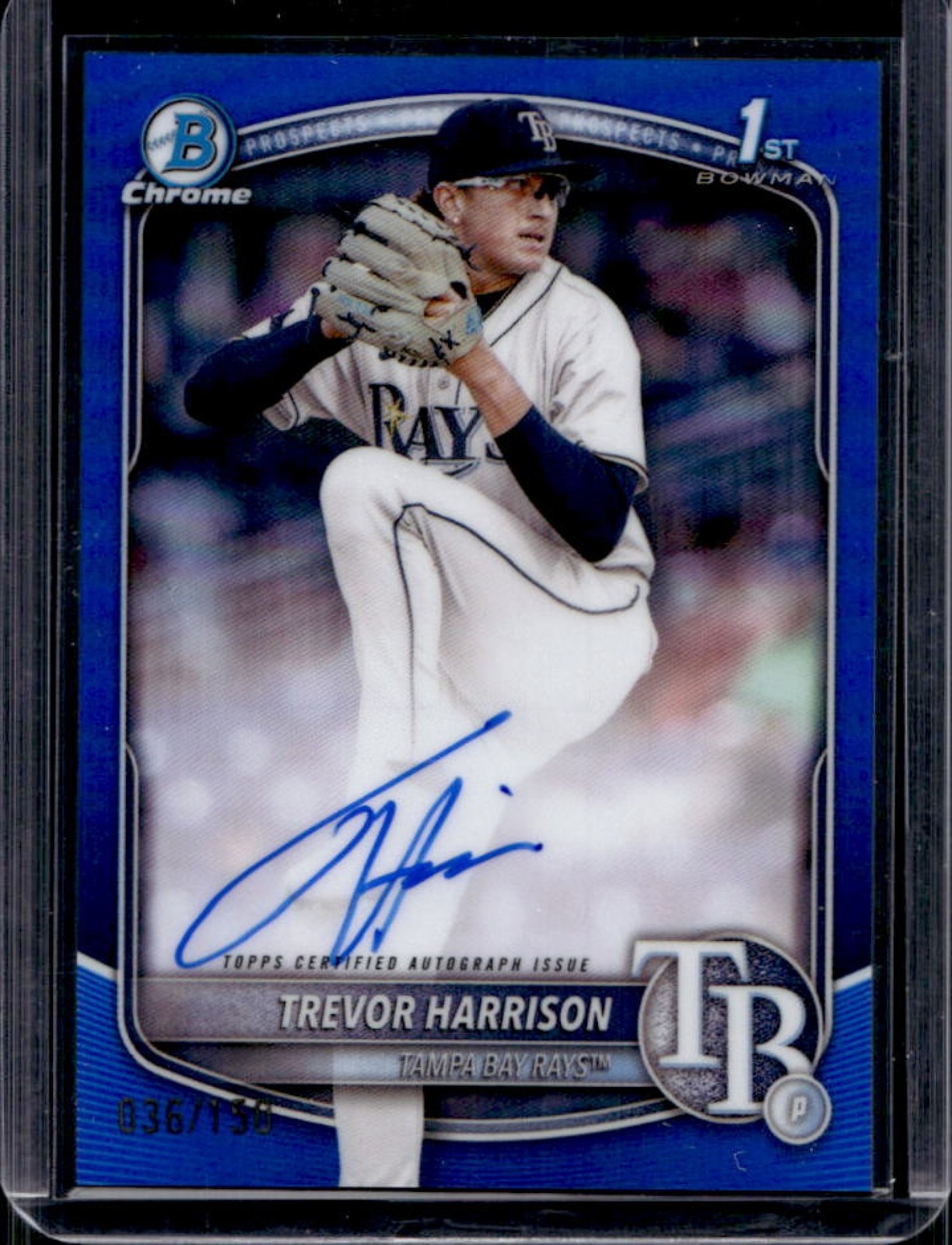 2025 Bowman Chrome Trevor Harrison Auto Blue Refractor 1st Prospect #/150 Rays
