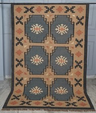 Tappeto Southwestern tessuto a mano - blu ardesia geometrico kilim juta e lana tappeto fatto a mano