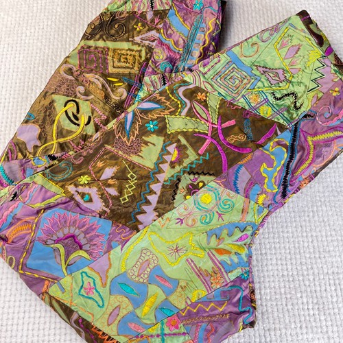 Oscar de la Renta, Pantaloni Oscar de la Renta 100% seta patchwork ricamati gamba dritta vintage taglia 8