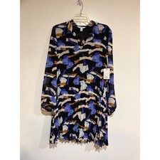 Nine West Pleated Shirt Dress L Abstract Semi Sheer Long Sleeve Mini Relaxed