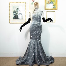 Vintage 90s Silver Sequin Mermaid Gown | Backless Lace-Up Maxi Dress UK 10