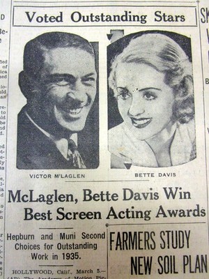 1936 newspaper BETTE DAVIS wins ACADEMY AWARD for best movie actress ''DANGEROUS''