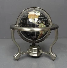 Rotating World Map Table Globe Black/Brush Silver 3-Leg Stand 7.5"D M.O.P. Inlay