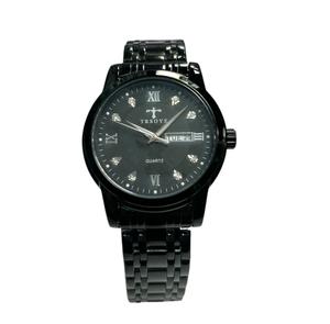 TRSOYE tono plateado cuarzo día-fecha esfera negra pulsera de acero inoxidable reloj de vestir