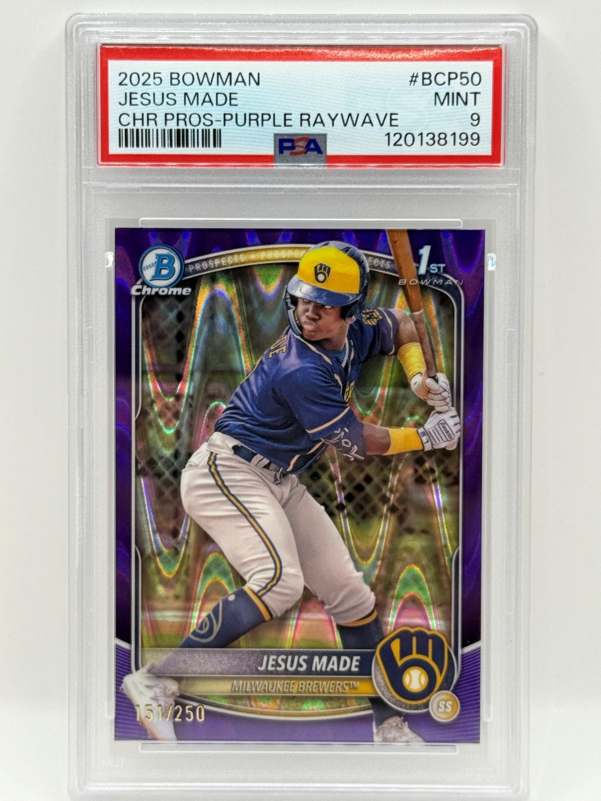 2025 Bowman Chrome Prospects Jesus Made #BCP-50 Purple Raywave /250 PSA MINT 9