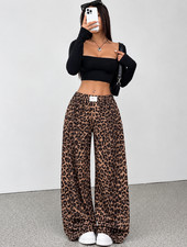 Women  s Leopard Print Wide Leg Pants High Waisted Elastic Palazzo Trousers