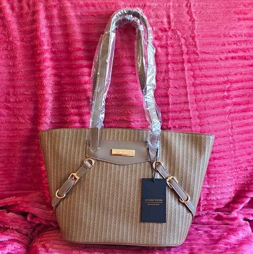 Italian Designer Massimo Pierre Beige Woven Faux Leather Tote Bag Gold Hardware
