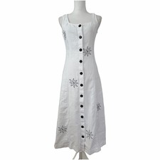 Madewell Linen Sun Embroidered Button Front Midi Dress Size 2 White Boho Hippie