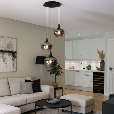 Hängeleuchte Pendellampe Pendelleuchte Rauchglas 3 Flammig schwarz E27 H 120cm