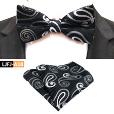 Mens Pre-Tied adjustable Bow Tie Paisley Black White Bowtie Hanky Wedding Party