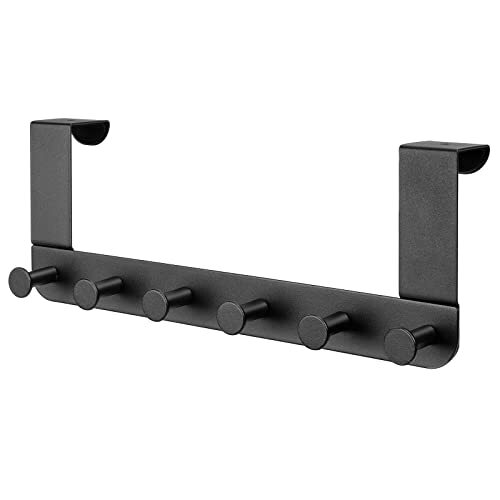 Over The Door Hooks – 6-Peg Metal Coat Rack For Bathroom/Bedroom, No-Drill Installation, Matte Black