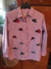 Red Hat Society Blouse L/S Size M Red Pinstripe With Embellishments  GC