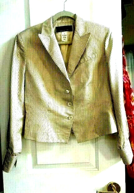 BAZER/TOP DE SEDA CON CLASE JONES NEW YORK, BEIGE, RAYAS NEGRAS, FORRADO, TALLA 8 USADO 1X Foto 2 de 4