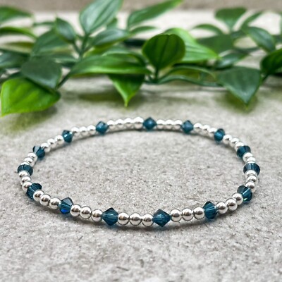 Sterling Silber dunkelblau Kristall Perlen Stretch Armband Stapel Geschenk 925