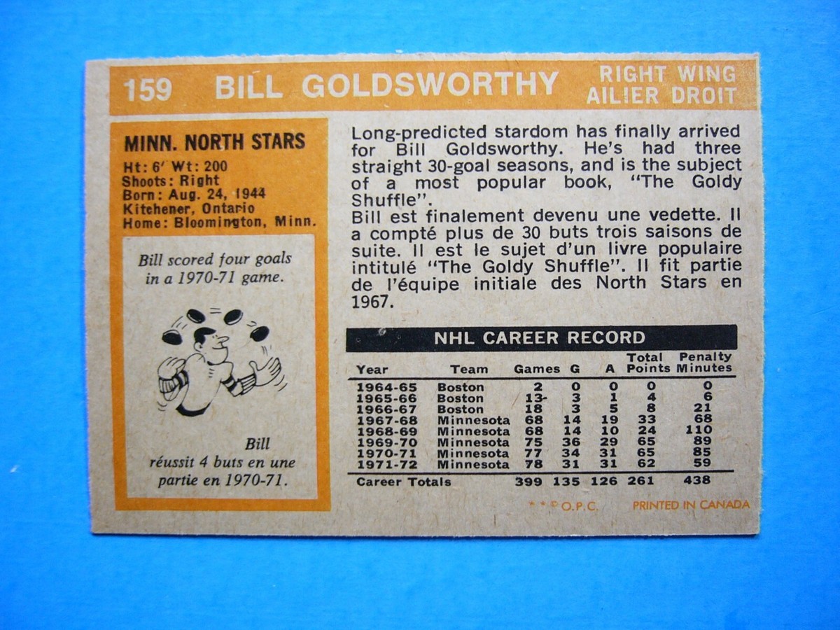 1972/73 O-PEE-CHEE NHL HOCKEY CARD #159 BILL GOLDSWORTHY NM SHARP