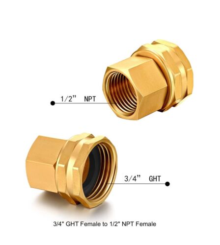 BRASS 3/4" GHT Female to 1/2" NPT Female Garden Hose Fitting Swivel Adaptor - Picture 2 of 3