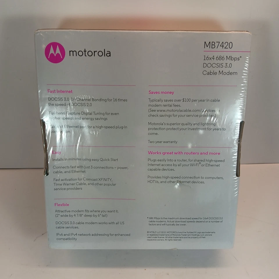 MOTOROLA 16x4 Cable Modem MB7420 / 686 Mbps DOCSIS 3.0 - Brand New Factory Seal - Image 3 of 4