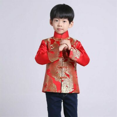 Chinese Tang Suit Red Clothing for Kids Boy Hanfu Dragon Print