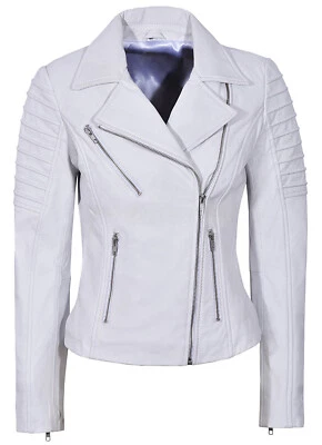 Damen & Frauen Weiße Lederjacke Designer Echtes Leder Biker Mantel Jacke - Bild 1 von 4