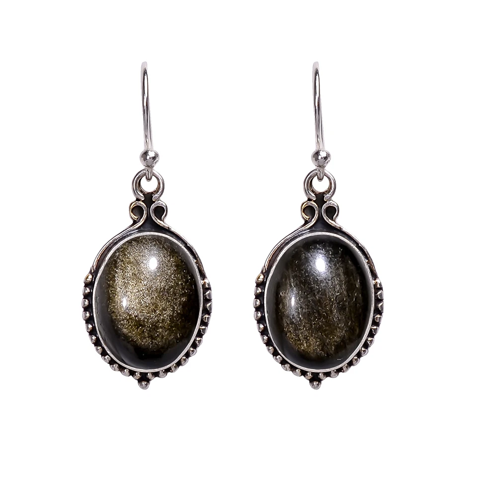 Golden Sheen Obsidian Gemstone Solid 925 Sterling Silver Handamde Earring V228 - Imagem 3 de 4
