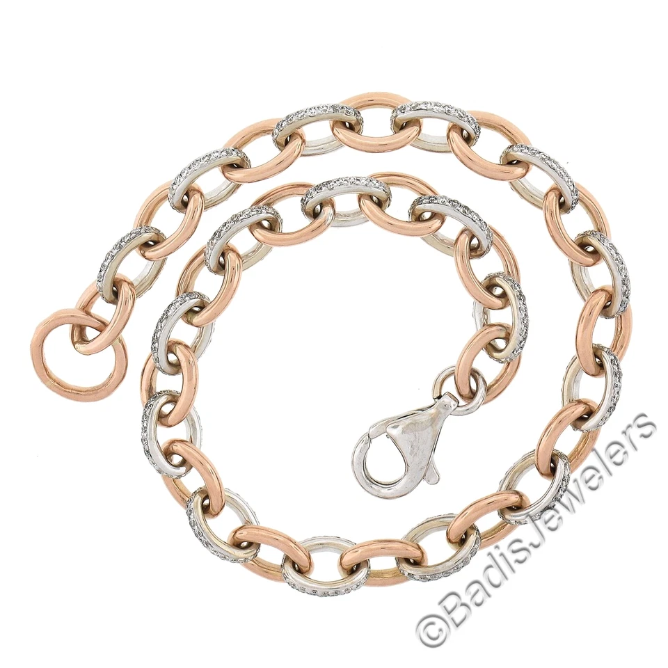 18K Rose & White Gold 7.25" Open Oval Link w/ 1ctw Pave Diamonds Links Bracelet - Image 4 of 4