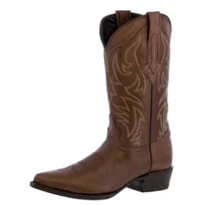 Mens Western Wear Brown Cowboy Boots Classic Embroidery Genuine Leather Snip Toe