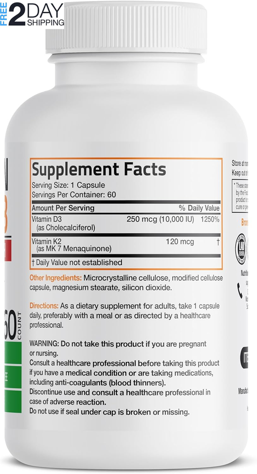 Vitamin K2 (MK7) with D3 Extra Strength Supplement Bone Health NonGmo