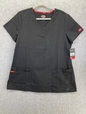 Dickies Women's Scrub Top Shirt Short Sleeve V Neck Size Large Solid Black