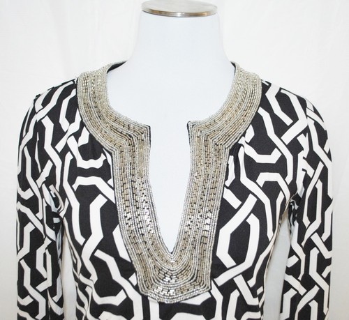 CHIC INC Black White Silver Beaded Neck Stretch Slinky Tunic Top Blouse S - Picture 3 of 3