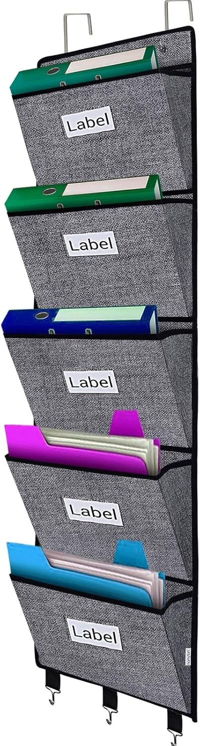 Hanging Wall File Folder Organiser - Over Door Storage Magazine Holder with 5