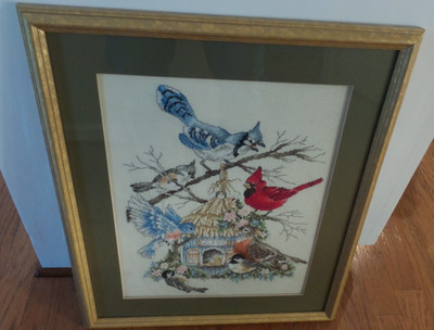 NEEDLE POINT Seven Birds on a Feeder Framed Matted under Glass 17''x20''