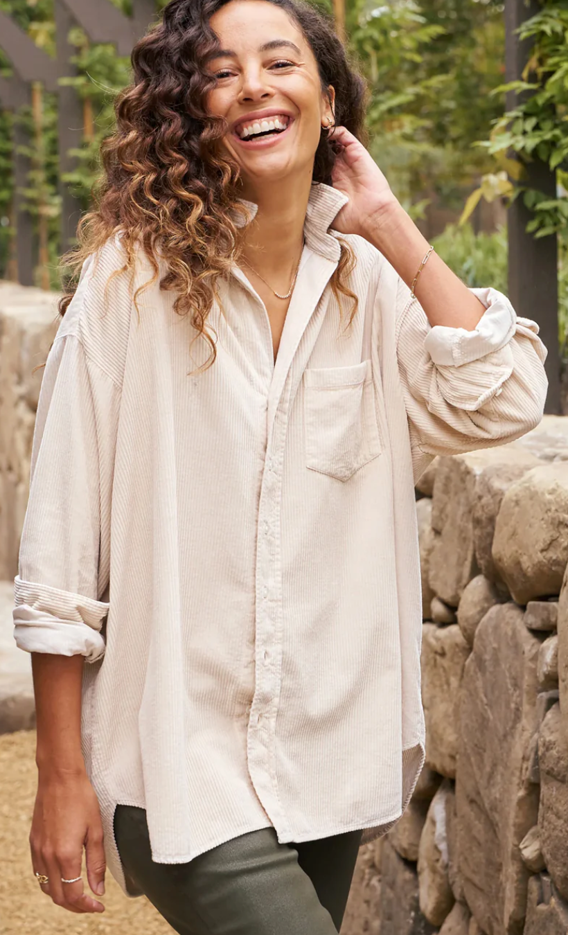 Frank & Eileen Shirley Long Sleeve Corduroy Off White Shirt, size S