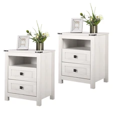 Farmhouse Nightstand Set 2, Wood Side Table with Drawers and Storage Shelf, S...