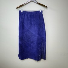 Vtg 80s Med Liz E Parker Royal Purple Suede Leather Skirt Fringe Western Cowgirl