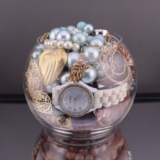 Vintage Jewelry Jar Lot 2.1 Lbs Necklaces Watches Charms Beads Mixed