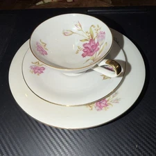 HERTEL JACOB BAVARIA Tea Cup Saucer Dessert Plate Hand Painted Floral Trio