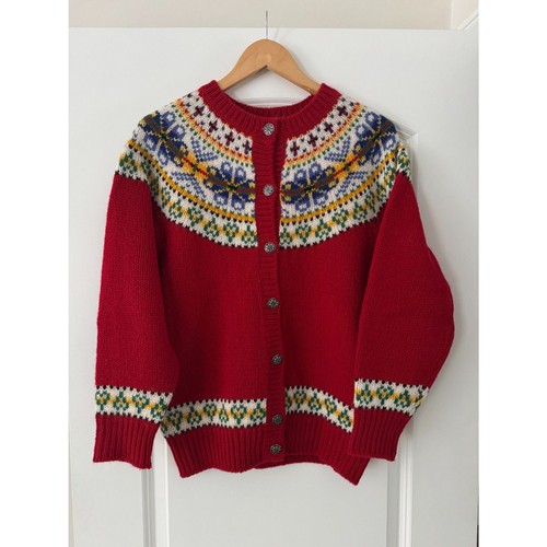 Vintage Susan Bristol 100% Shetland Wool Fair Isle Cardigan Sweater Red Size M - Image 1
