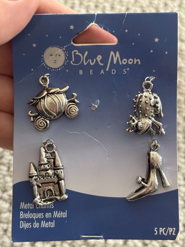 NEW Set 4 Pc Blue Moon Beads Silver Tone Charms Fairy Tale Princess Cinderella