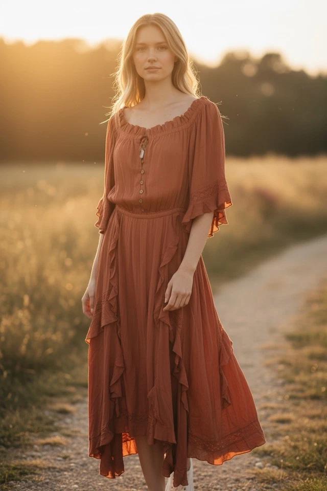 RARO NUEVO CON ETIQUETAS Vestido Free People In Your Dream Volantes Talla S Melocotón Maxi Volantes Boho Foto 3 de 4