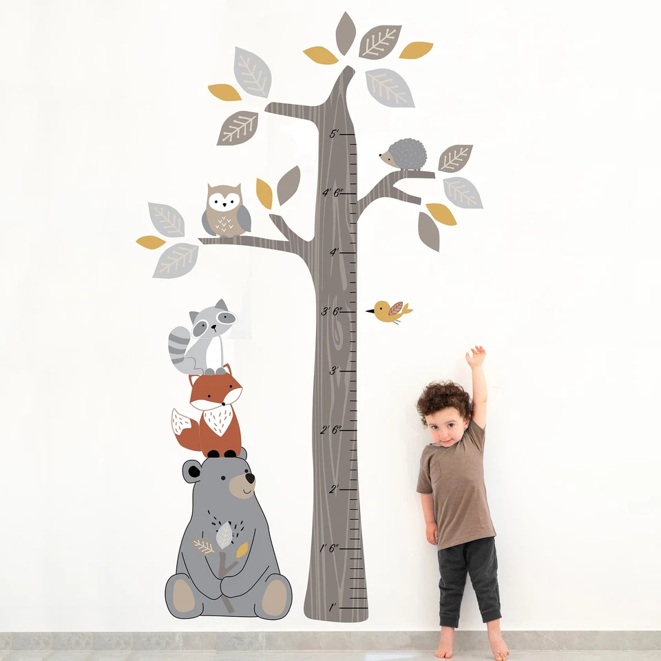 Calcomanías de pared para tabla de crecimiento de corderos e hiedras bosque árbol con animales niños Foto 4 de 4