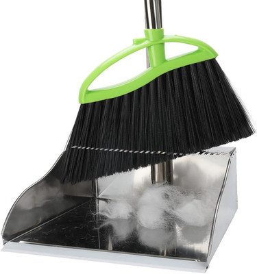 Soft Bristles Broom and Dustpan Set,Metal Dustpan with Indoor Broom, Green Angle