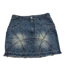 Y2K Vintage Hi Jeans Denim Mini Jean Skirt Studded Faded Frayed 31" Waist