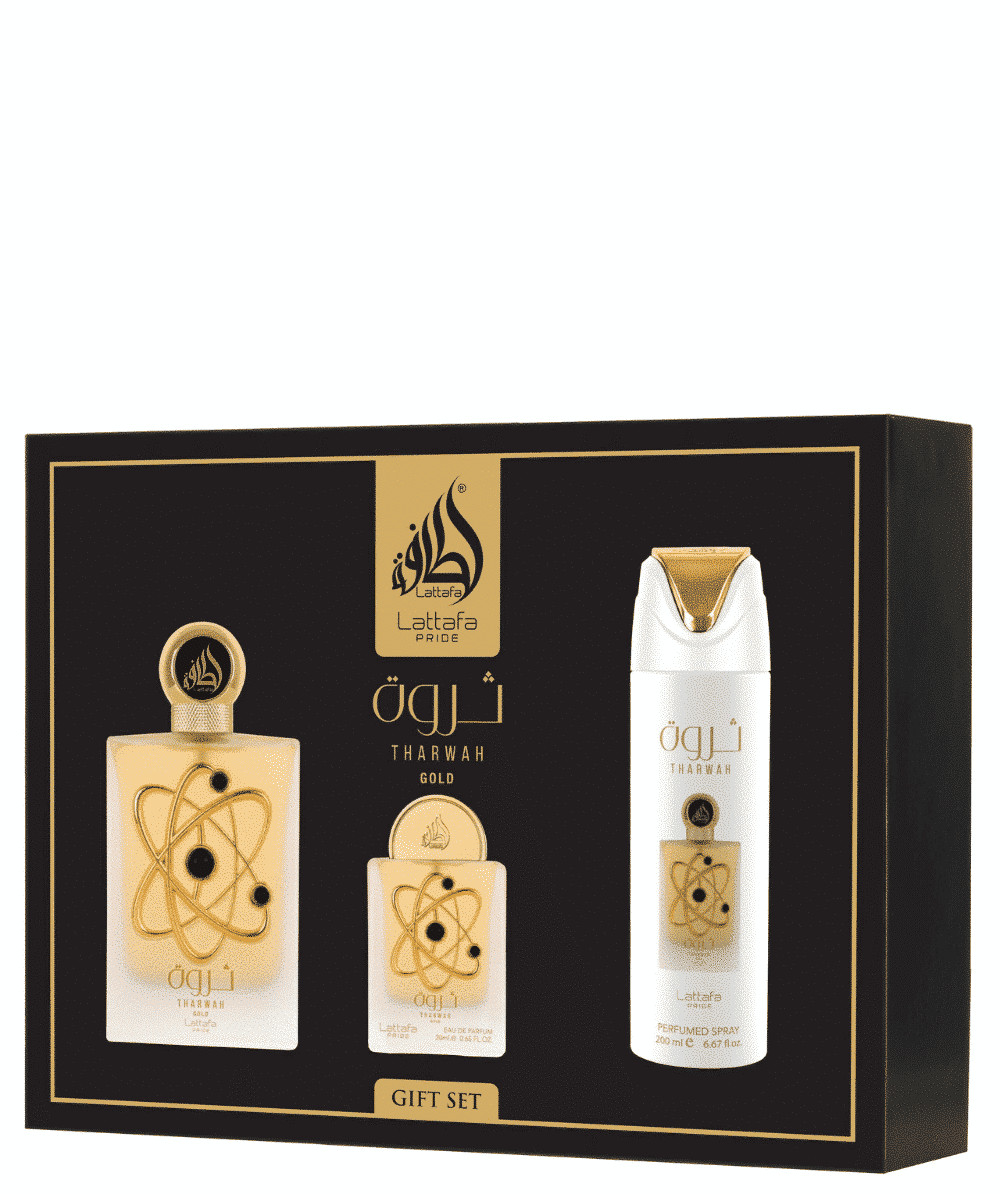 Coffret Tharwah Gold Lattafa Pride parfum rechargeable 100ml et spray voyage